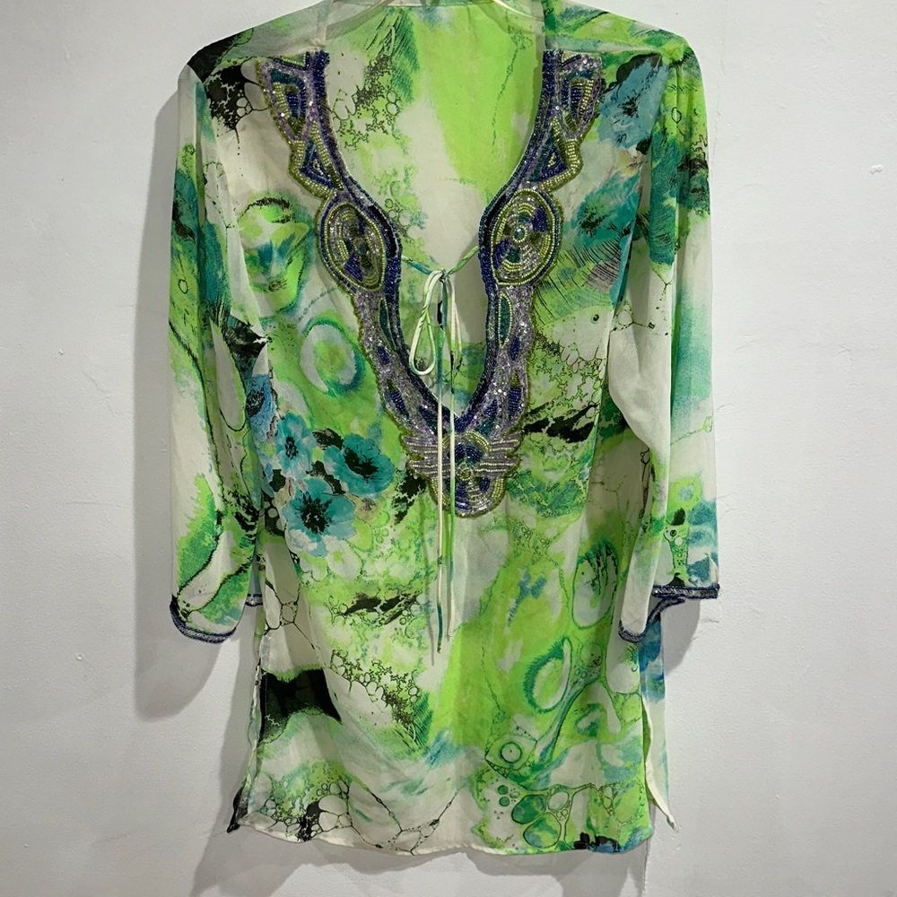 Vibrant Green and Blue Sheer Tunic